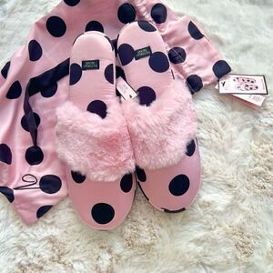 NWT Victoria’s Secret Polkadot Satin Slippers Black Pink Faux Fur size M (7-8)